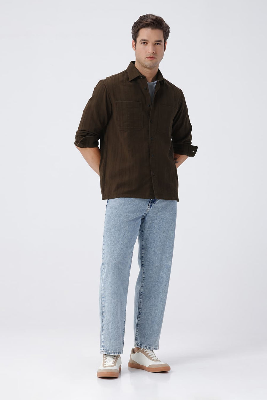 BASICS RELAXED FIT CARAGE BROWN COTTON LENO DOBBY OVERSHIRT