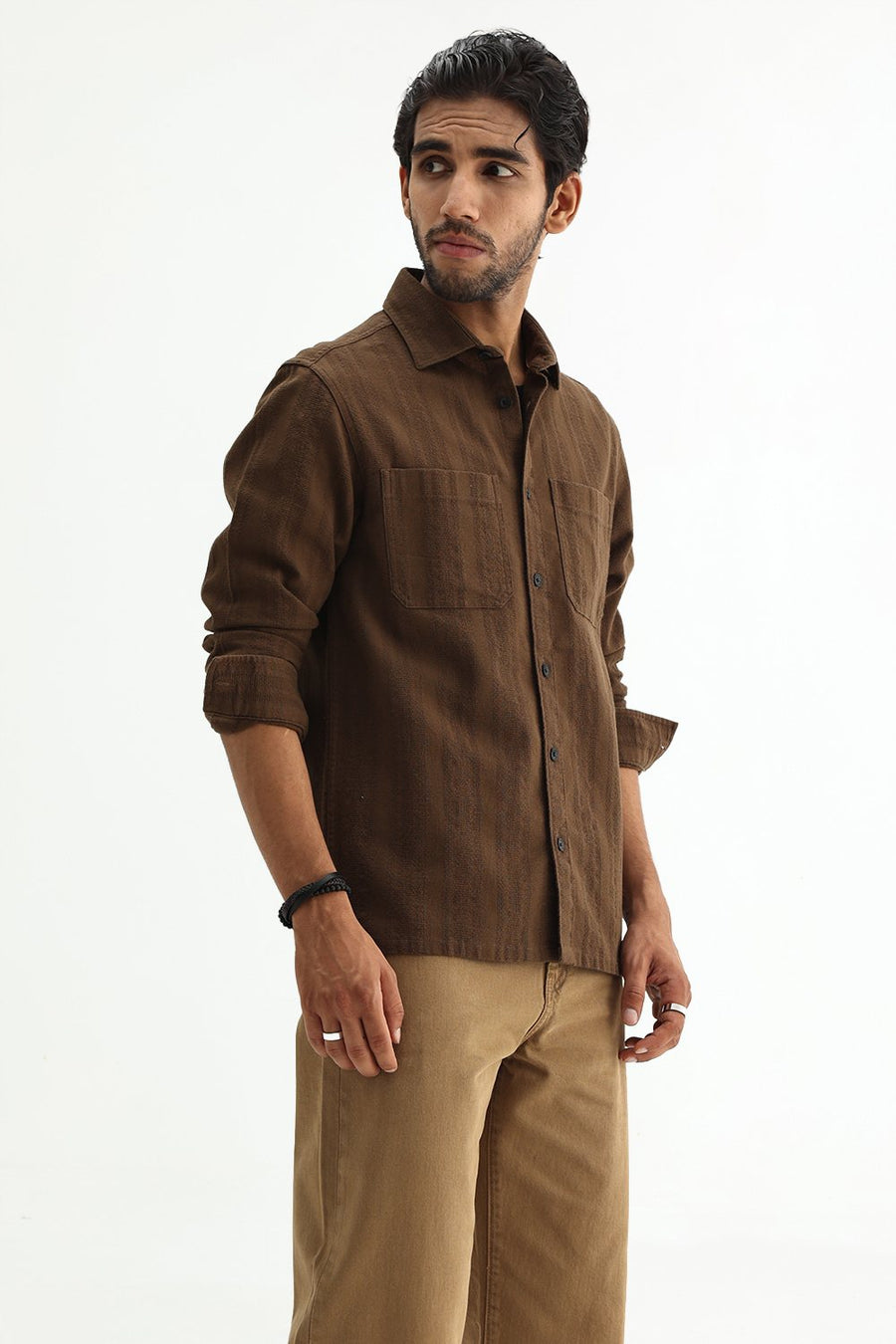 BASICS RELAXED FIT CARAGE BROWN COTTON LENO DOBBY OVERSHIRT