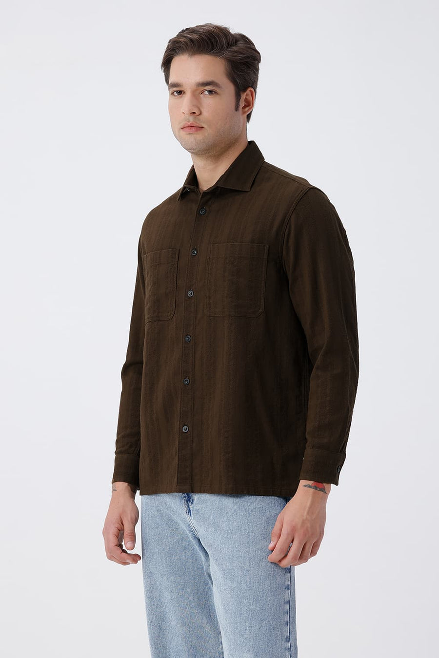 BASICS RELAXED FIT CARAGE BROWN COTTON LENO DOBBY OVERSHIRT