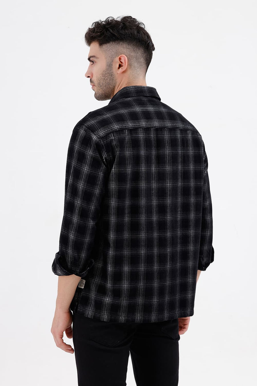 BASICS RELAXED FIT BLACK SHOE COTTON CORDUROY CHECKS OVER SHIRT