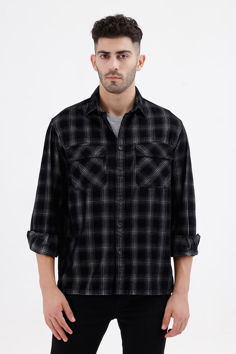 BASICS RELAXED FIT BLACK SHOE COTTON CORDUROY CHECKS OVER SHIRT