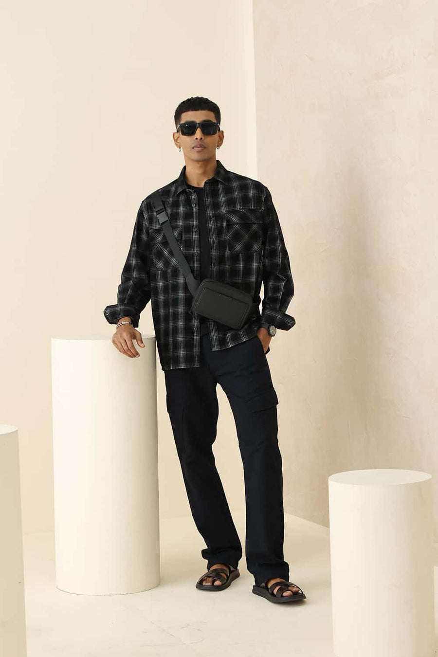 Basics Relaxed Fit Black Shoe Cotton Corduroy Checks Over Shirt