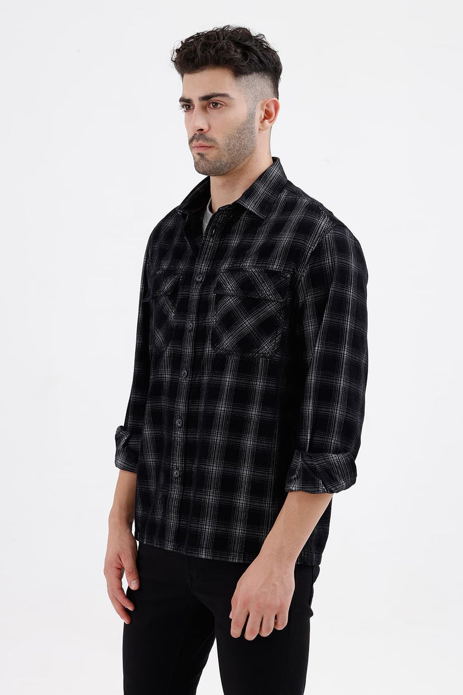 BASICS RELAXED FIT BLACK SHOE COTTON CORDUROY CHECKS OVER SHIRT