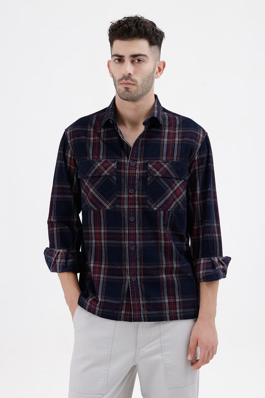 BASICS RELAXED FIT NAVY SALUTE COTTON CORDUROY CHECKS OVER SHIRT
