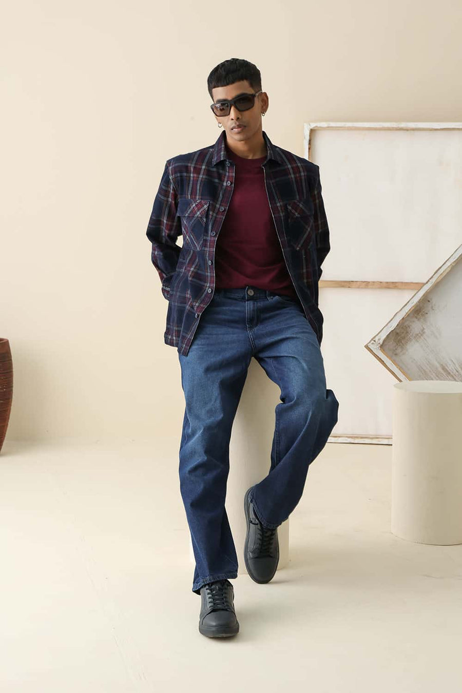 Basics Relaxed Fit Navy Salute Cotton Corduroy Checks Over Shirt