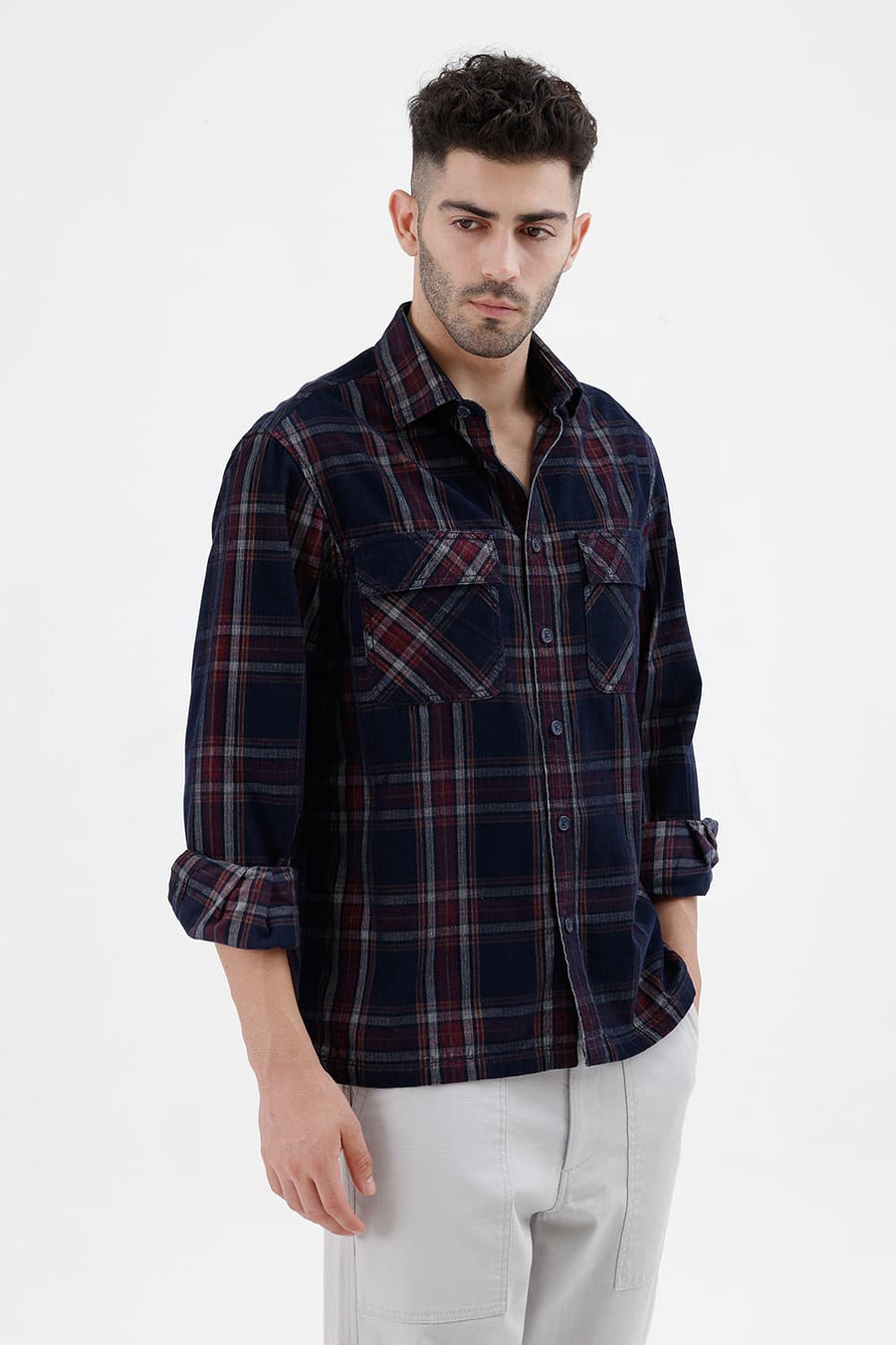 BASICS RELAXED FIT NAVY SALUTE COTTON CORDUROY CHECKS OVER SHIRT
