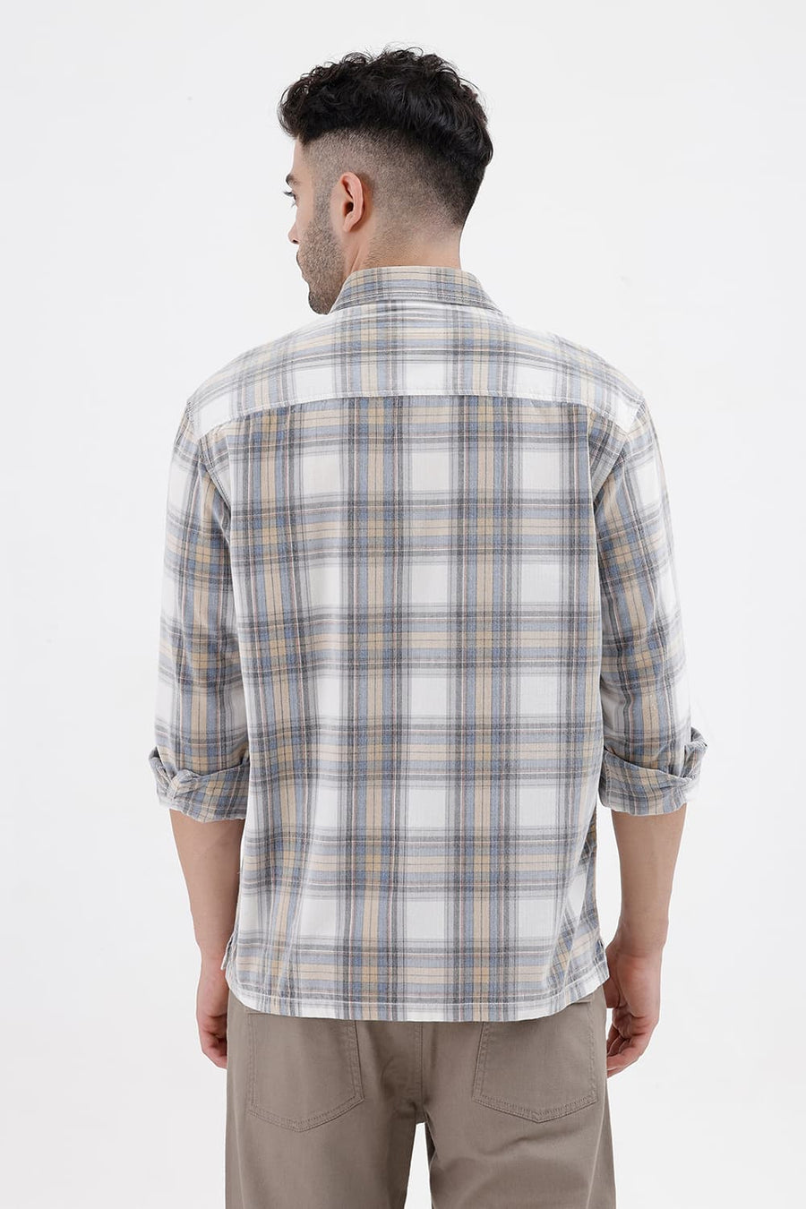 BASICS RELAXED FIT ECRU MIST COTTON CORDUROY CHECKS OVER SHIRT