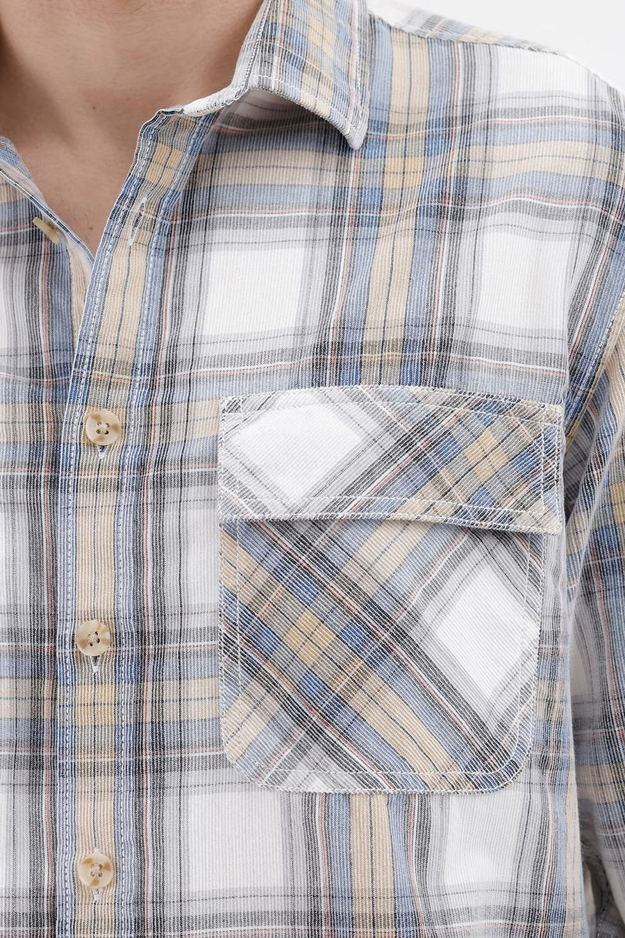 BASICS RELAXED FIT ECRU MIST COTTON CORDUROY CHECKS OVER SHIRT