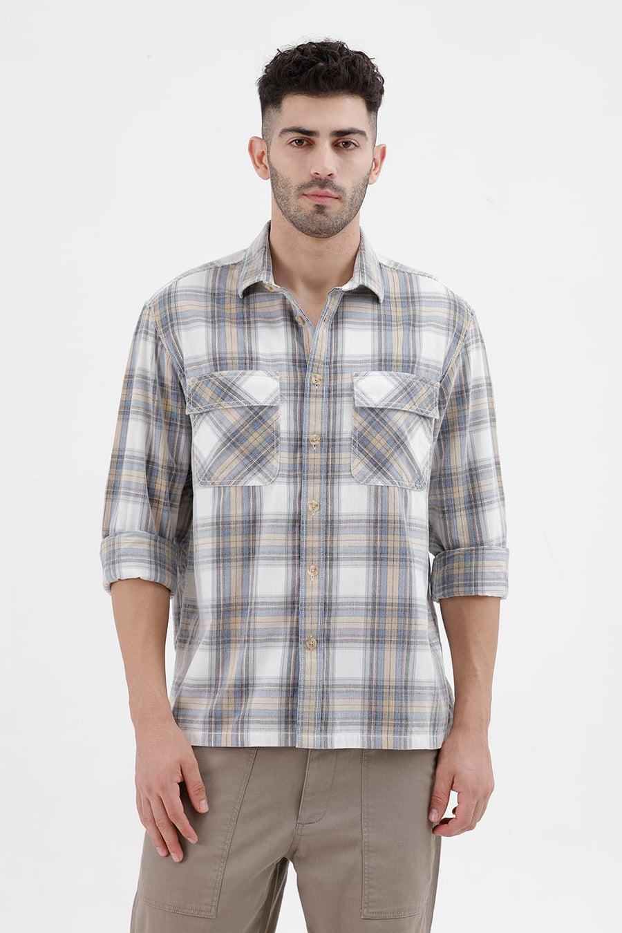 BASICS RELAXED FIT ECRU MIST COTTON CORDUROY CHECKS OVER SHIRT