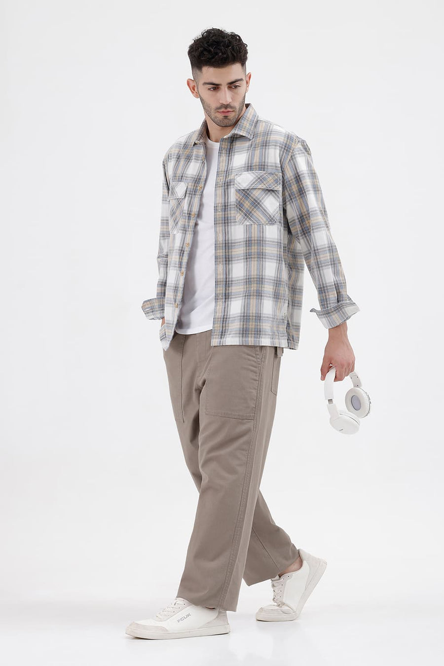 BASICS RELAXED FIT ECRU MIST COTTON CORDUROY CHECKS OVER SHIRT