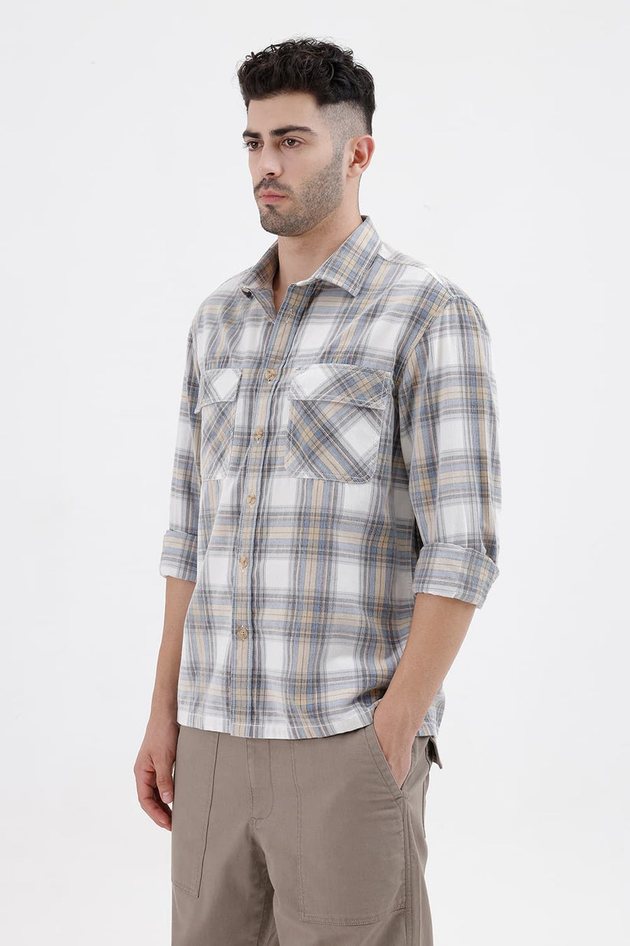 BASICS RELAXED FIT ECRU MIST COTTON CORDUROY CHECKS OVER SHIRT