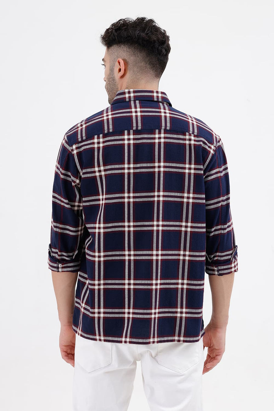 BASICS RELAXED FIT INSIGNIA BLUE COTTON HOPSACK DOBBY CHECKS OVER SHIRT