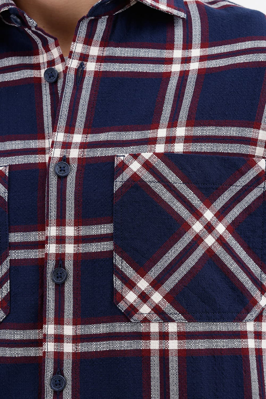 BASICS RELAXED FIT INSIGNIA BLUE COTTON HOPSACK DOBBY CHECKS OVER SHIRT