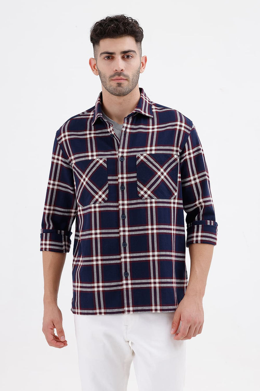 BASICS RELAXED FIT INSIGNIA BLUE COTTON HOPSACK DOBBY CHECKS OVER SHIRT