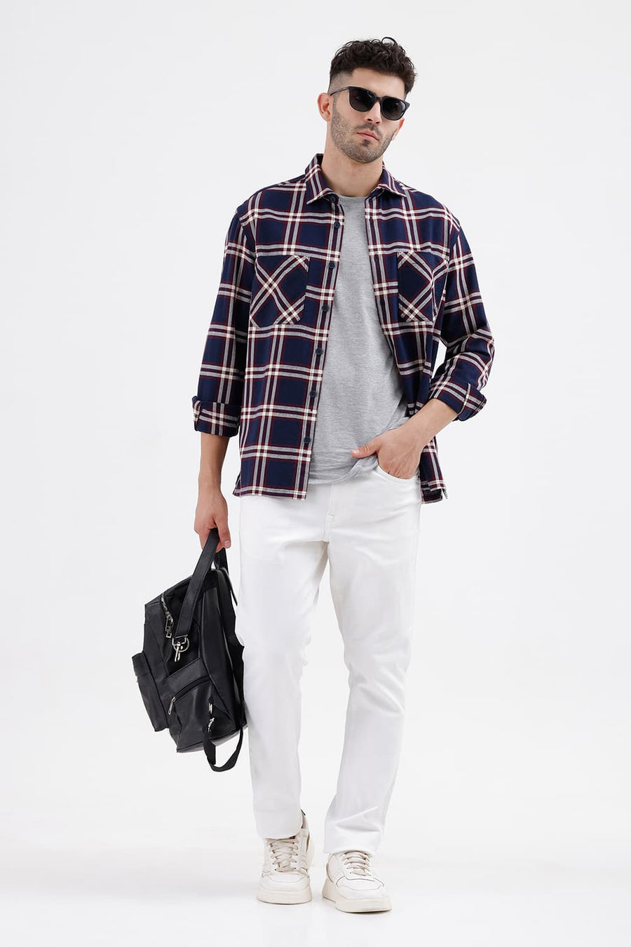 BASICS RELAXED FIT INSIGNIA BLUE COTTON HOPSACK DOBBY CHECKS OVER SHIRT