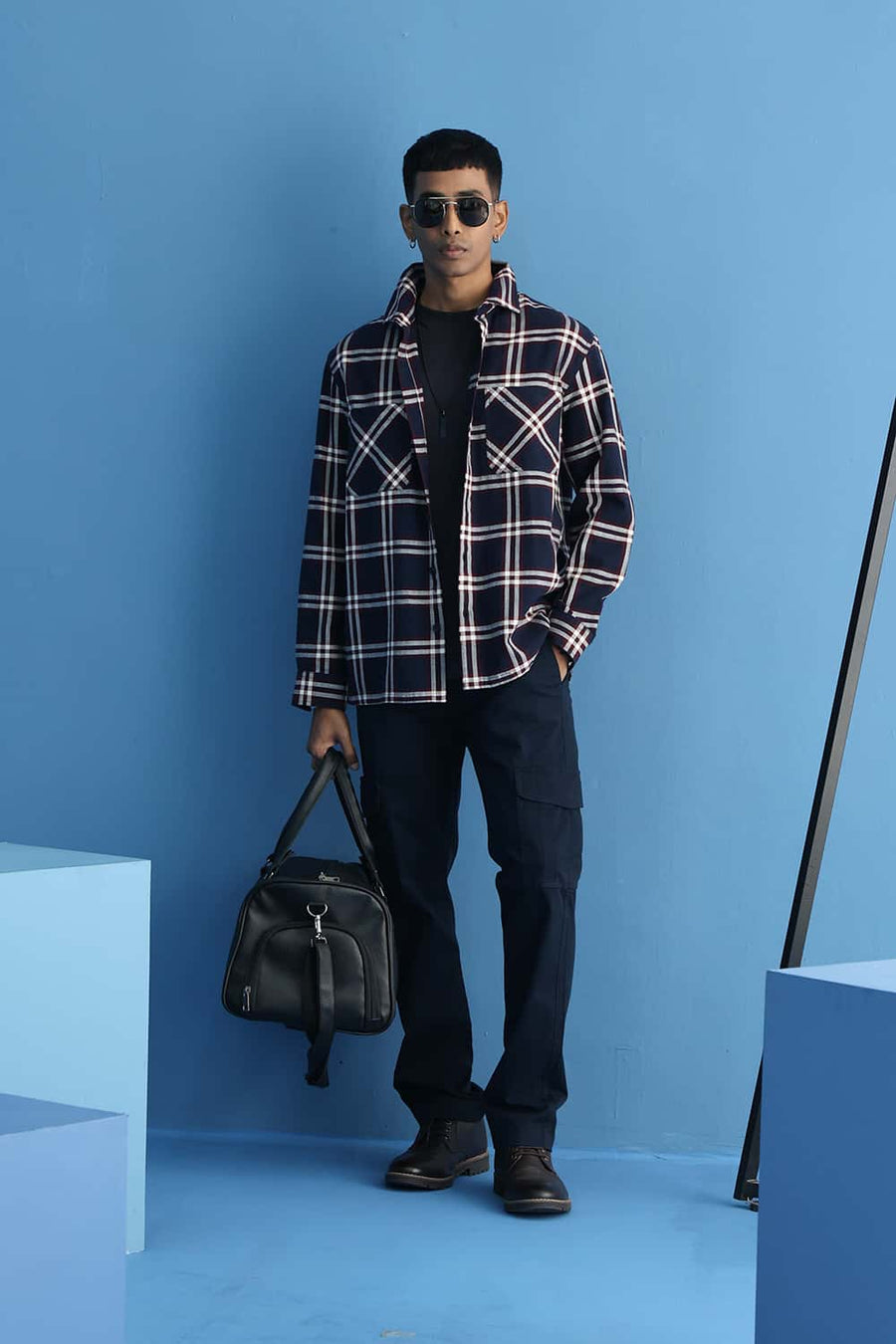 Basics Relaxed Fit Insignia Blue Cotton Hopsack Dobby Checks Over Shirt
