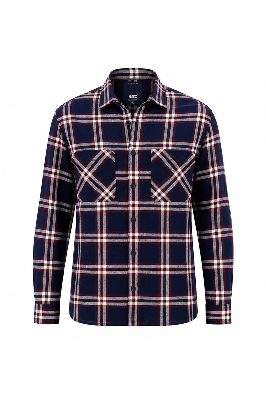 BASICS RELAXED FIT INSIGNIA BLUE COTTON HOPSACK DOBBY CHECKS OVER SHIRT