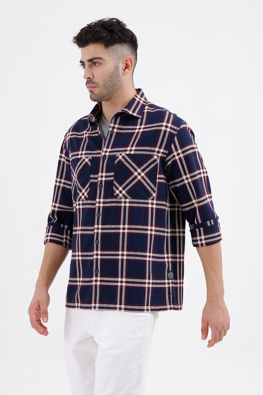 BASICS RELAXED FIT INSIGNIA BLUE COTTON HOPSACK DOBBY CHECKS OVER SHIRT