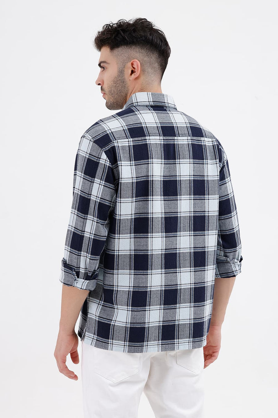 BASICS RELAXED FIT SPACE BLUE COTTON HOPSACK DOBBY CHECKS OVER SHIRT
