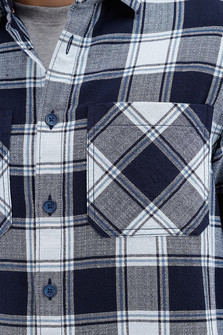 BASICS RELAXED FIT SPACE BLUE COTTON HOPSACK DOBBY CHECKS OVER SHIRT