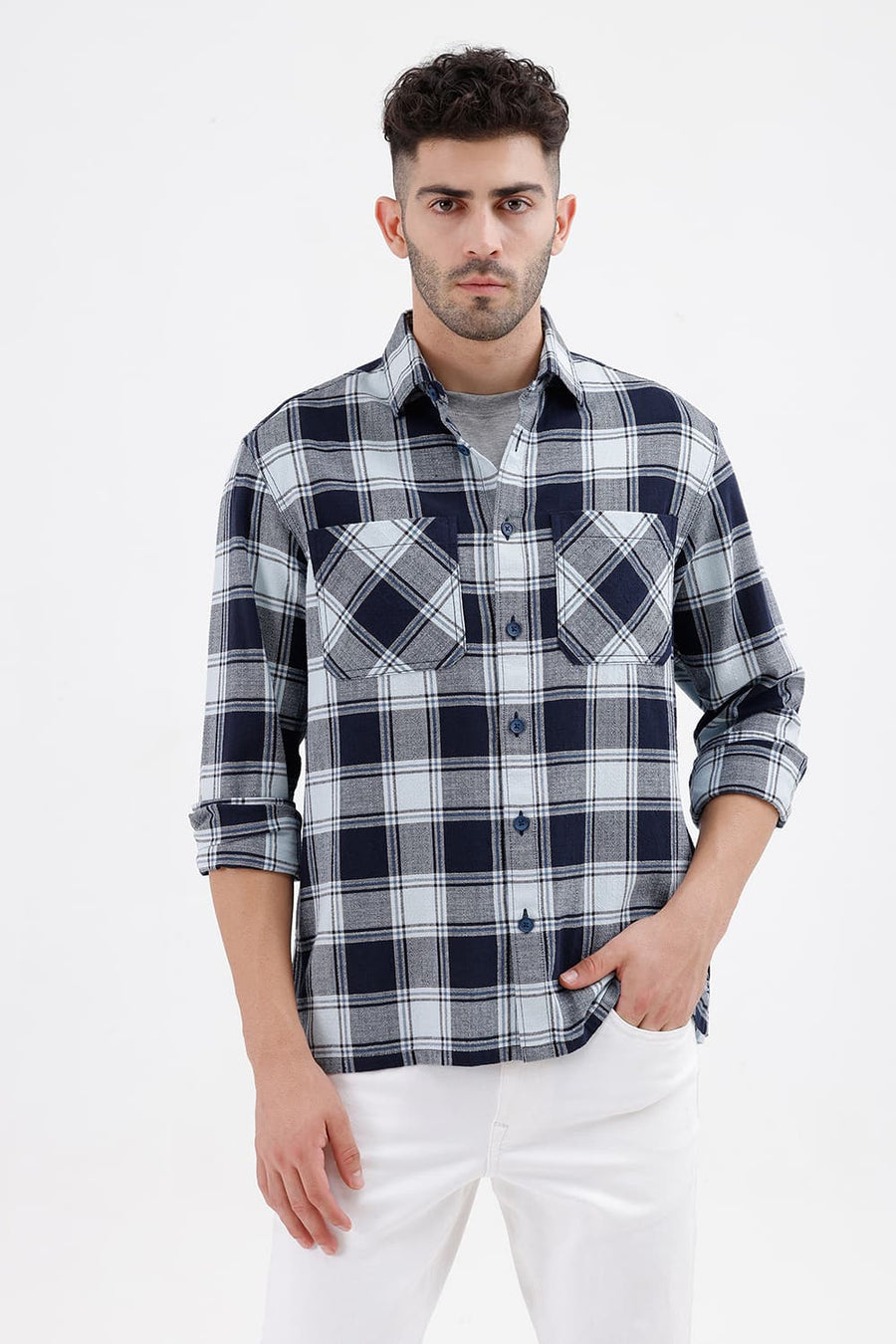 BASICS RELAXED FIT SPACE BLUE COTTON HOPSACK DOBBY CHECKS OVER SHIRT