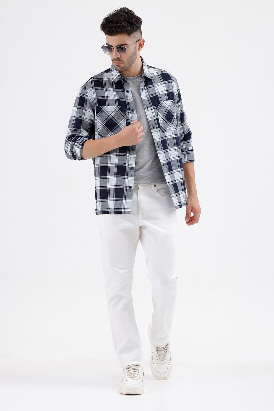 BASICS RELAXED FIT SPACE BLUE COTTON HOPSACK DOBBY CHECKS OVER SHIRT