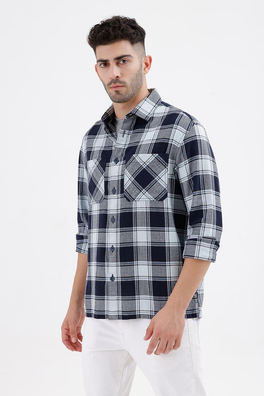 BASICS RELAXED FIT SPACE BLUE COTTON HOPSACK DOBBY CHECKS OVER SHIRT
