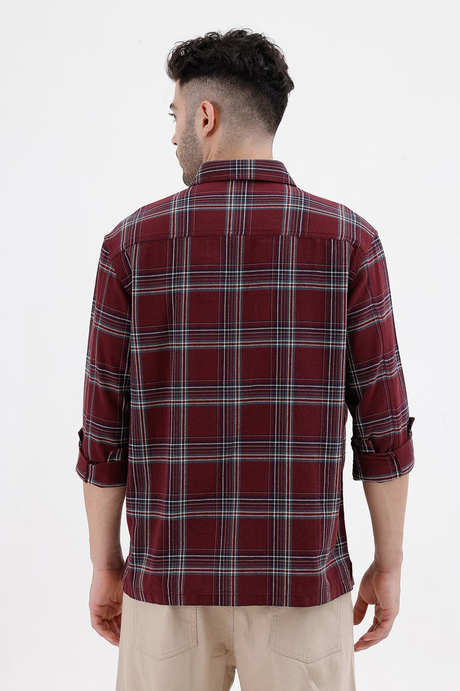 BASICS RELAXED FIT CORDOVAN MAROON COTTON HOPSACK DOBBY CHECKS OVER SHIRT