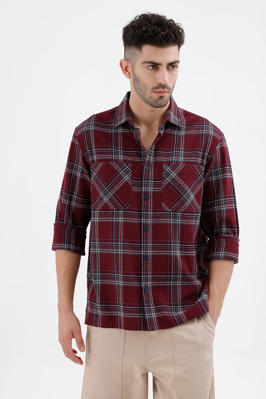 BASICS RELAXED FIT CORDOVAN MAROON COTTON HOPSACK DOBBY CHECKS OVER SHIRT