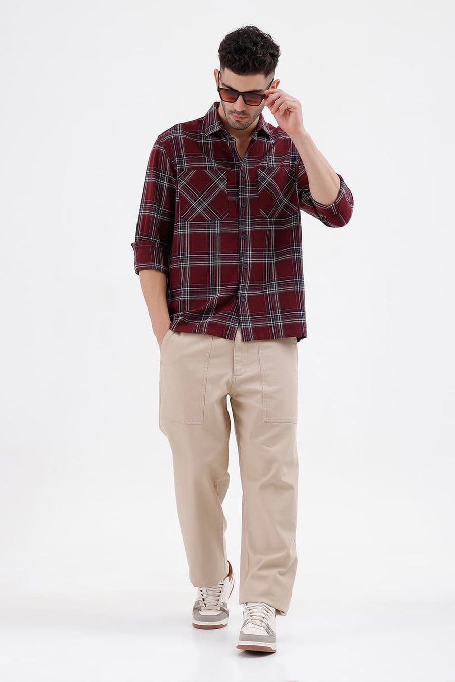 BASICS RELAXED FIT CORDOVAN MAROON COTTON HOPSACK DOBBY CHECKS OVER SHIRT