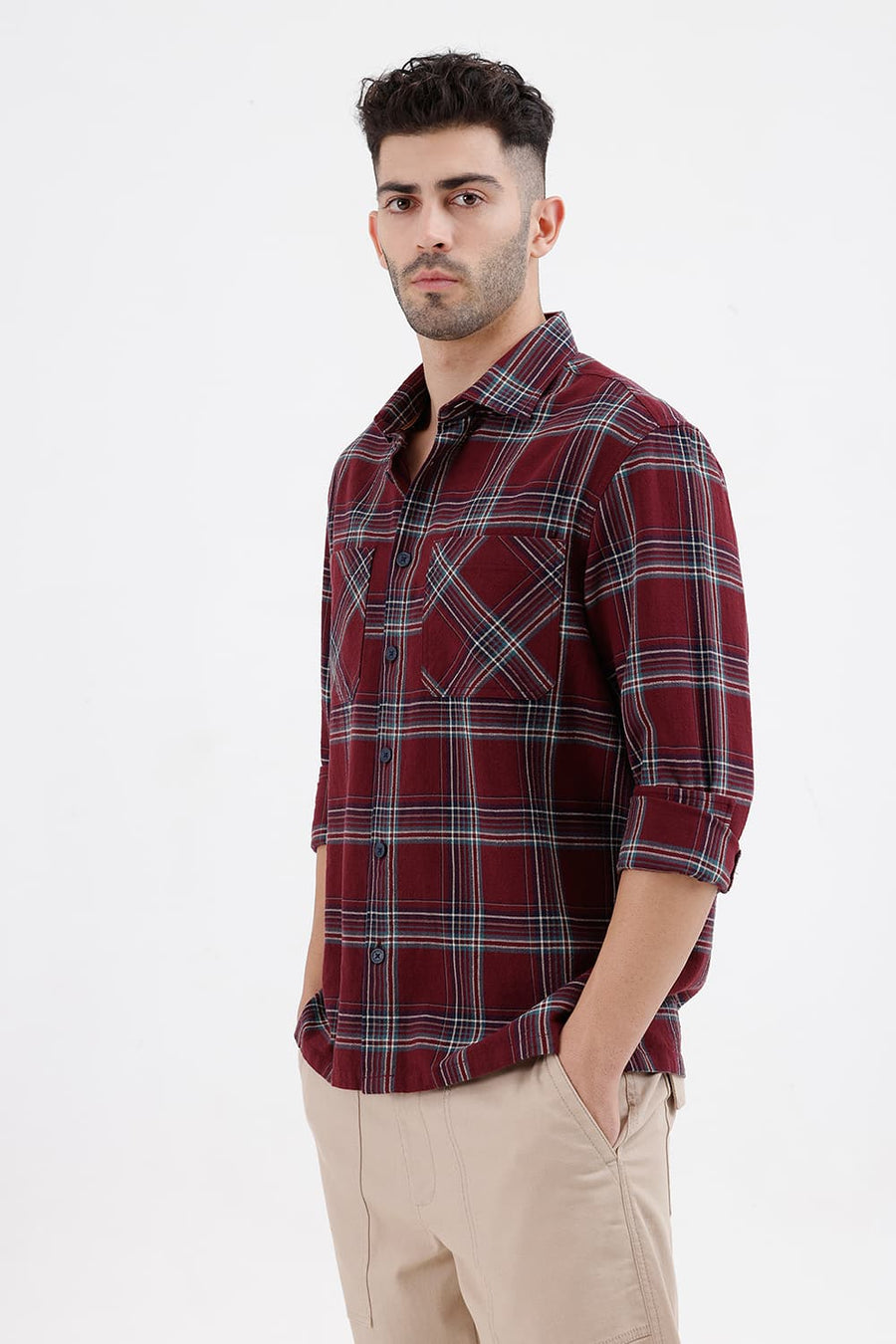 BASICS RELAXED FIT CORDOVAN MAROON COTTON HOPSACK DOBBY CHECKS OVER SHIRT
