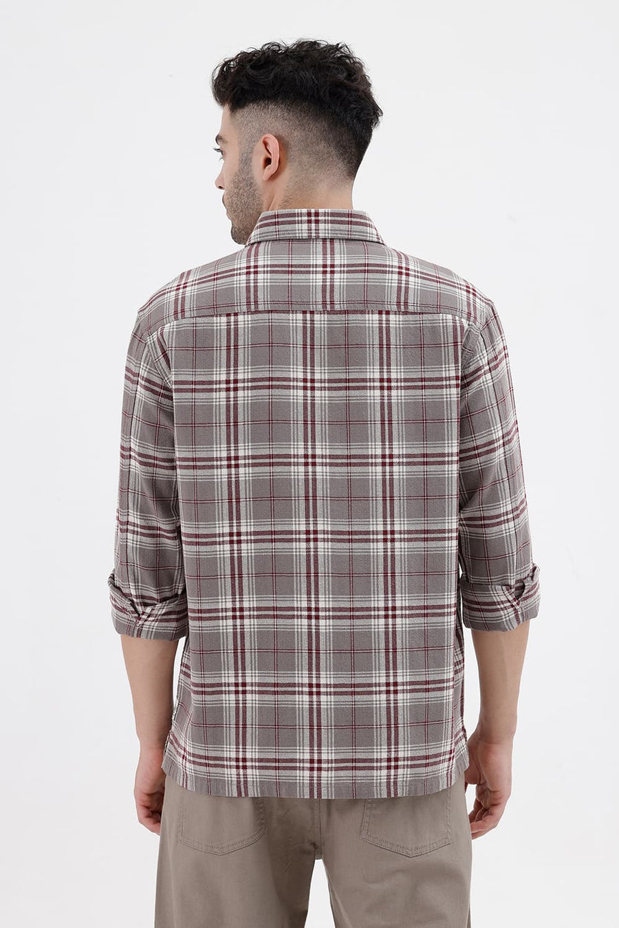 BASICS RELAXED FIT STEEPLE GREY COTTON HOPSACK DOBBY CHECKS OVER SHIRT