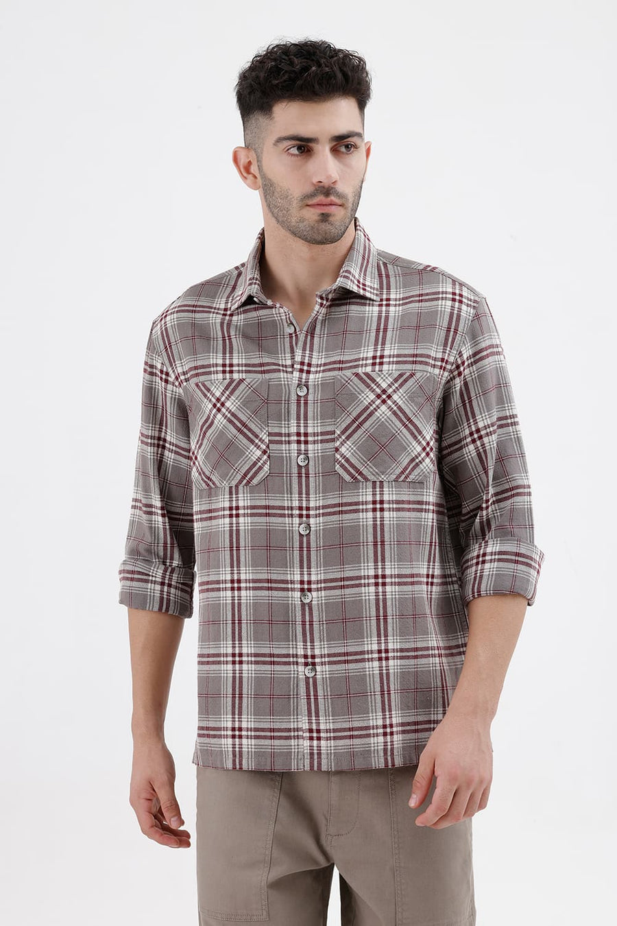 BASICS RELAXED FIT STEEPLE GREY COTTON HOPSACK DOBBY CHECKS OVER SHIRT