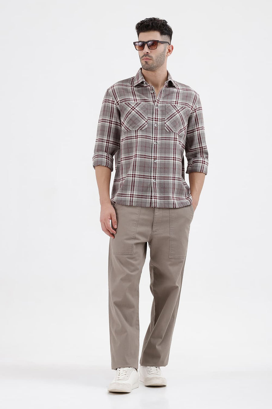 BASICS RELAXED FIT STEEPLE GREY COTTON HOPSACK DOBBY CHECKS OVER SHIRT