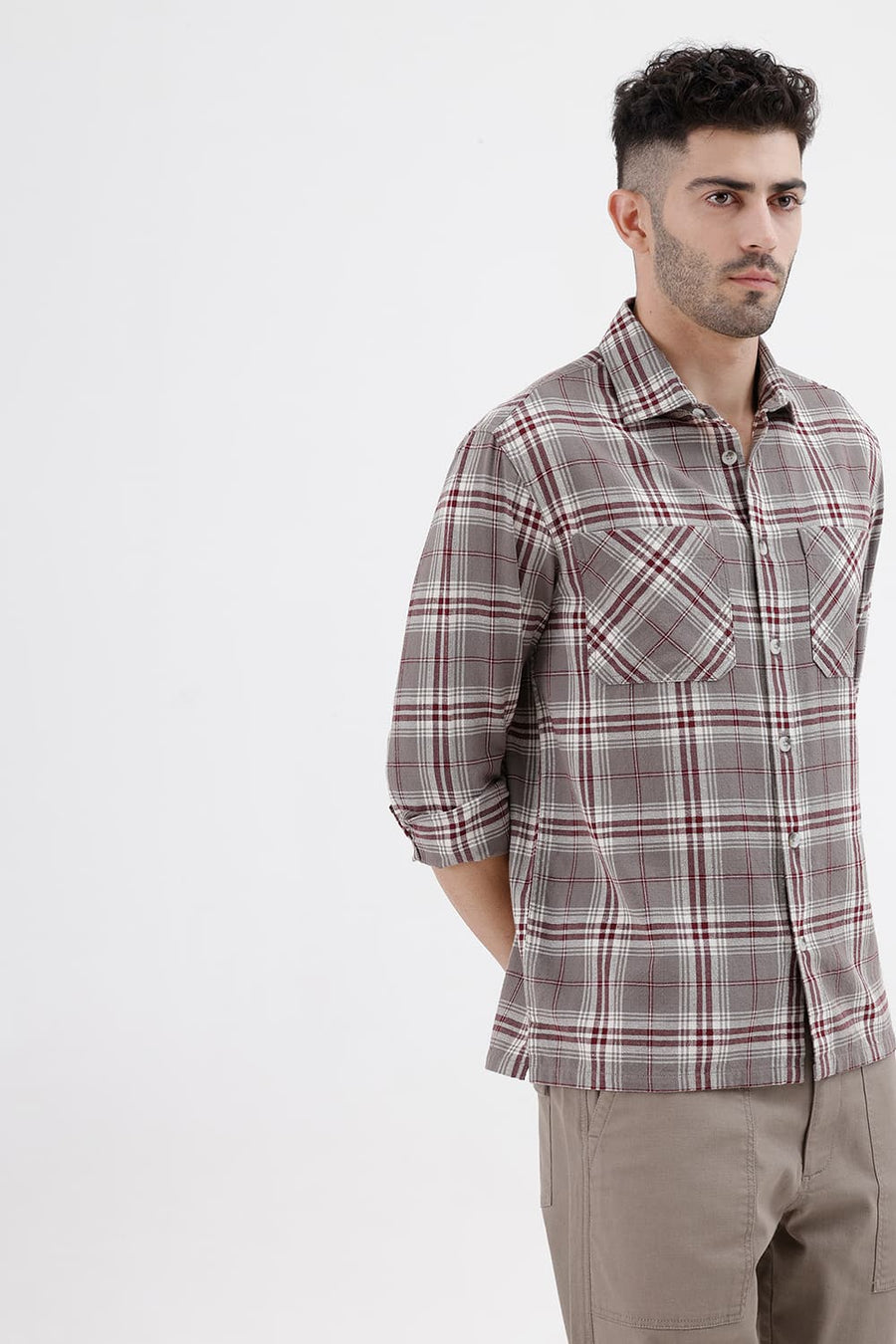 BASICS RELAXED FIT STEEPLE GREY COTTON HOPSACK DOBBY CHECKS OVER SHIRT