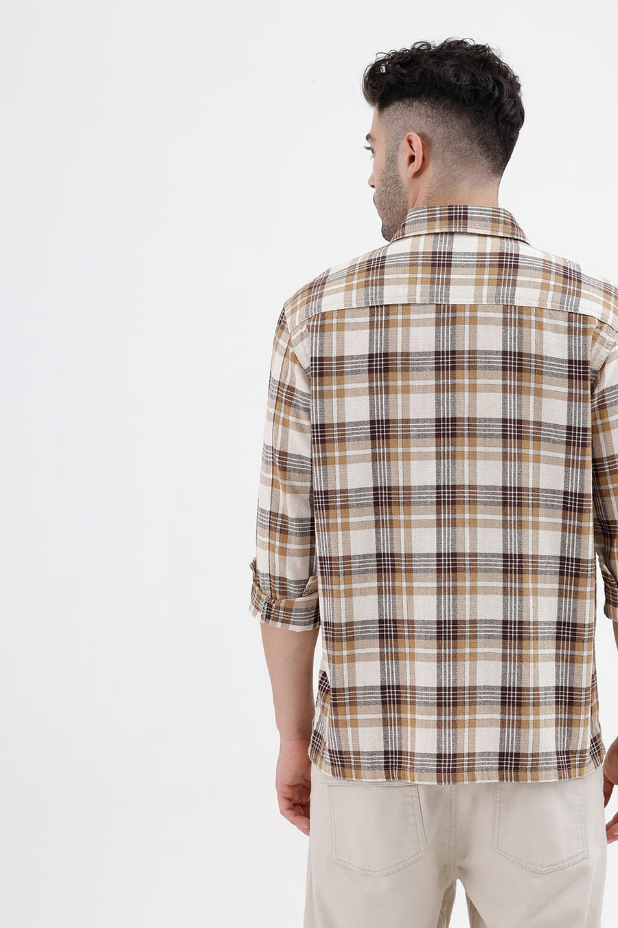 BASICS RELAXED FIT SEAL BEIGE COTTON HOPSACK DOBBY CHECKS OVER SHIRT