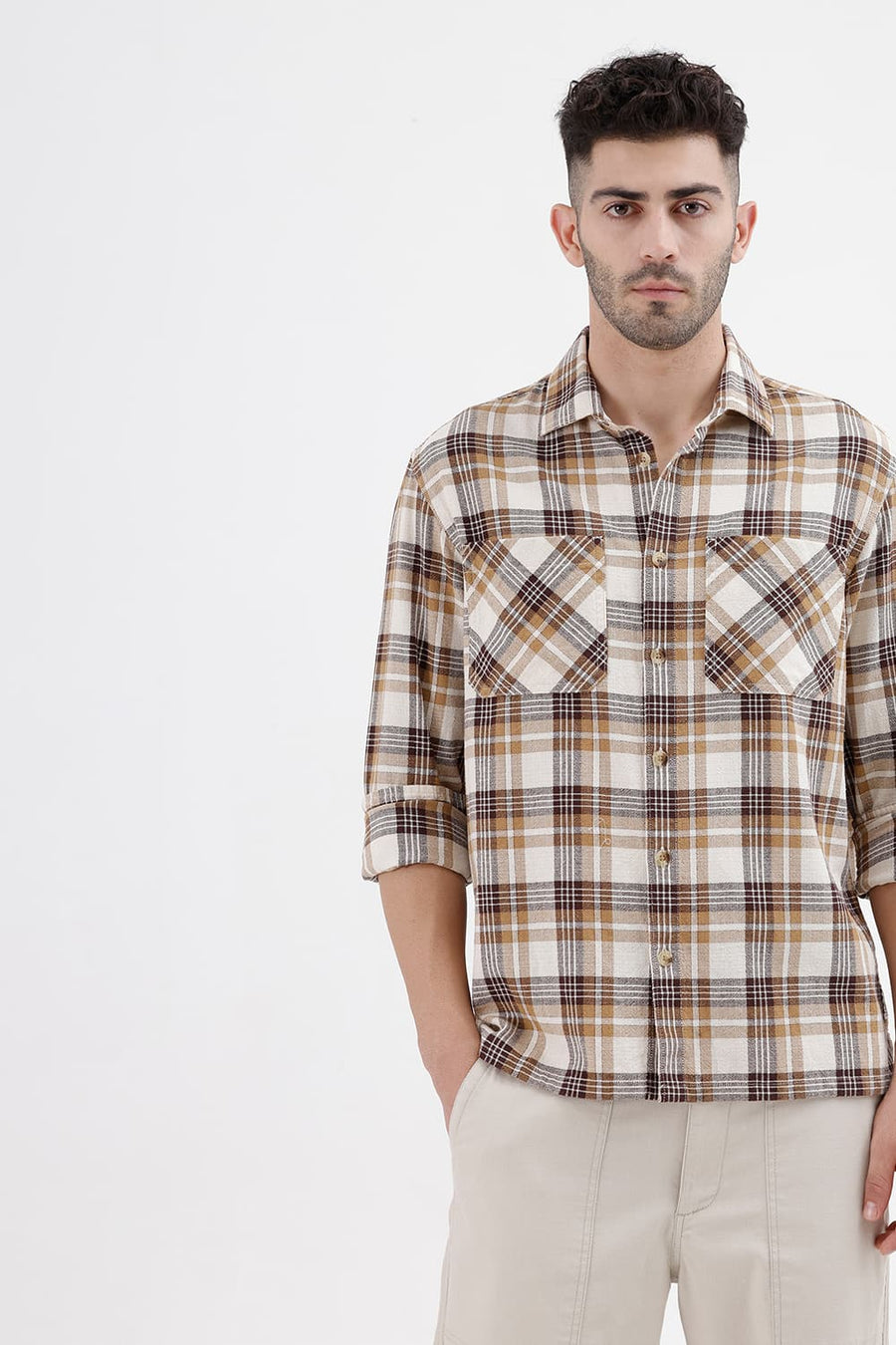 BASICS RELAXED FIT SEAL BEIGE COTTON HOPSACK DOBBY CHECKS OVER SHIRT