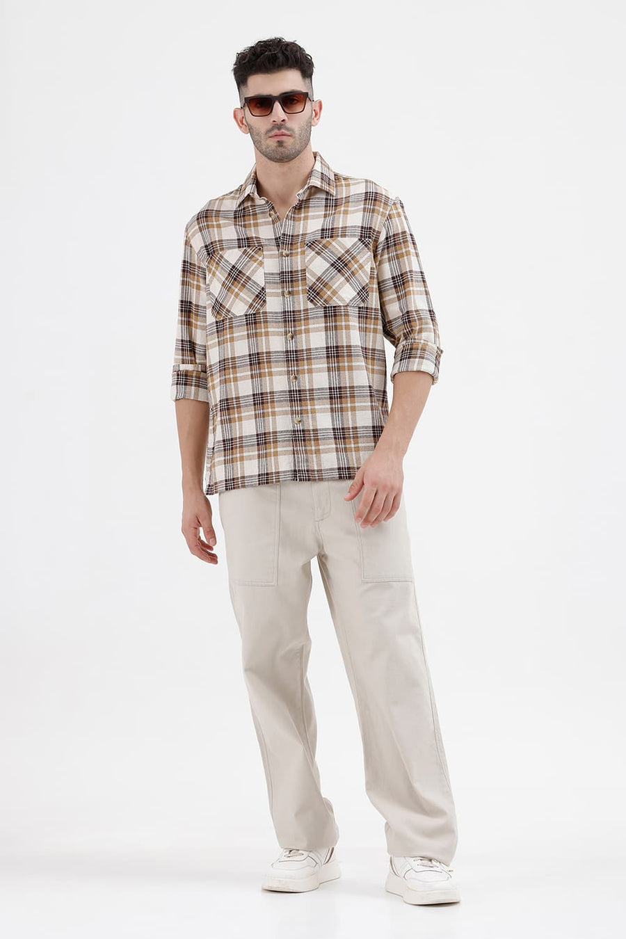 BASICS RELAXED FIT SEAL BEIGE COTTON HOPSACK DOBBY CHECKS OVER SHIRT