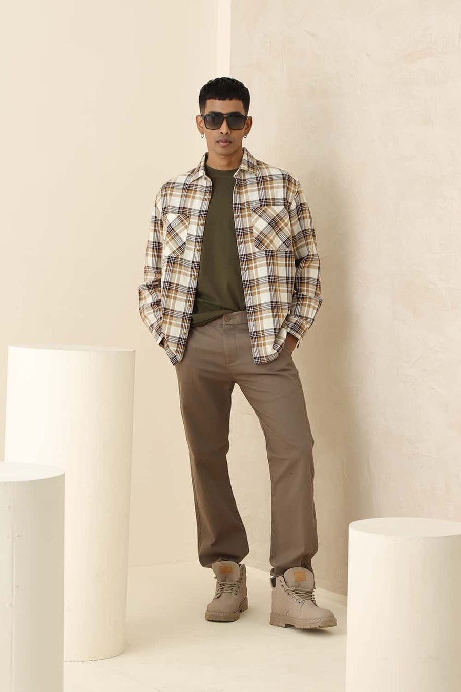 Basics Relaxed Fit Seal Beige Cotton Hopsack Dobby Checks Over Shirt