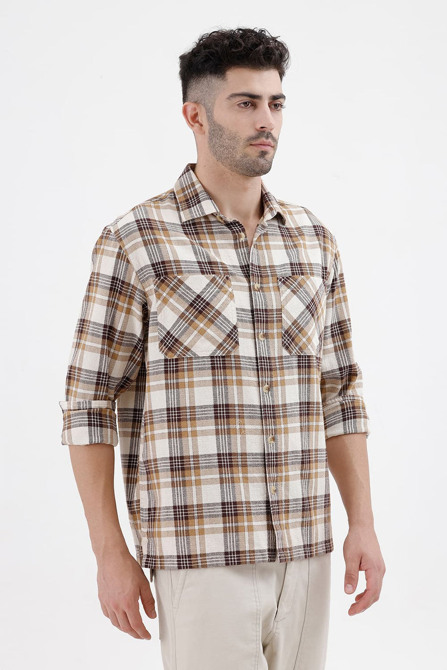 BASICS RELAXED FIT SEAL BEIGE COTTON HOPSACK DOBBY CHECKS OVER SHIRT