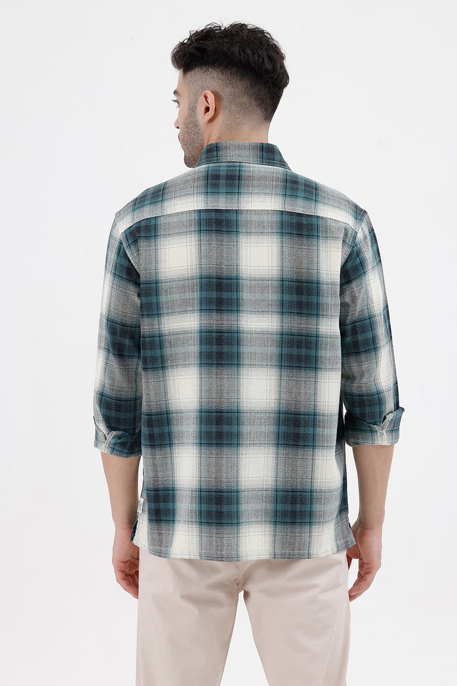 BASICS RELAXED FIT BAYOU ECRU COTTON HOPSACK DOBBY CHECKS OVER SHIRT