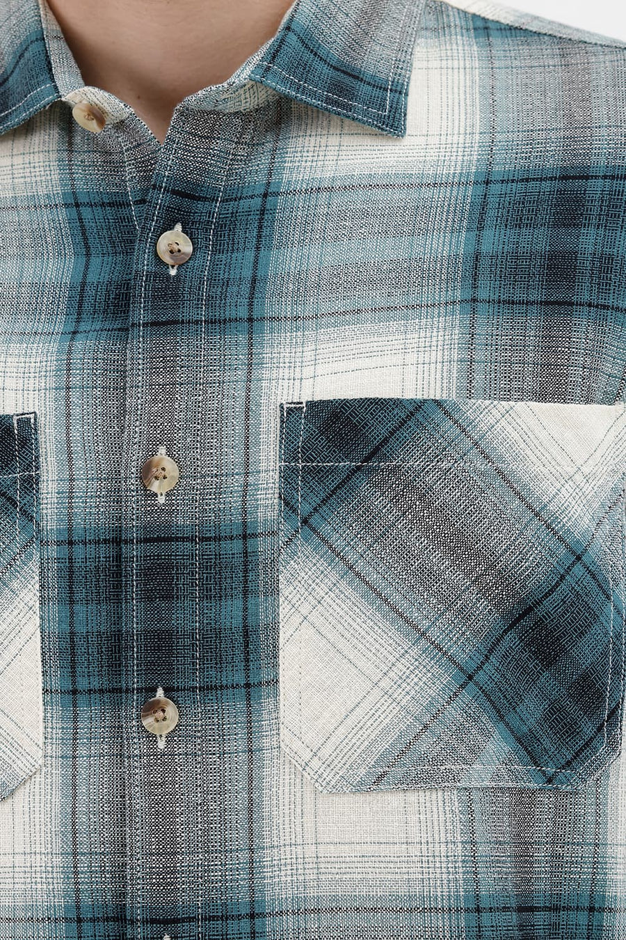BASICS RELAXED FIT BAYOU ECRU COTTON HOPSACK DOBBY CHECKS OVER SHIRT