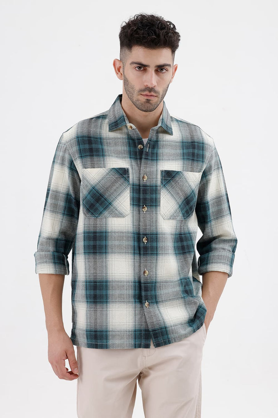 BASICS RELAXED FIT BAYOU ECRU COTTON HOPSACK DOBBY CHECKS OVER SHIRT