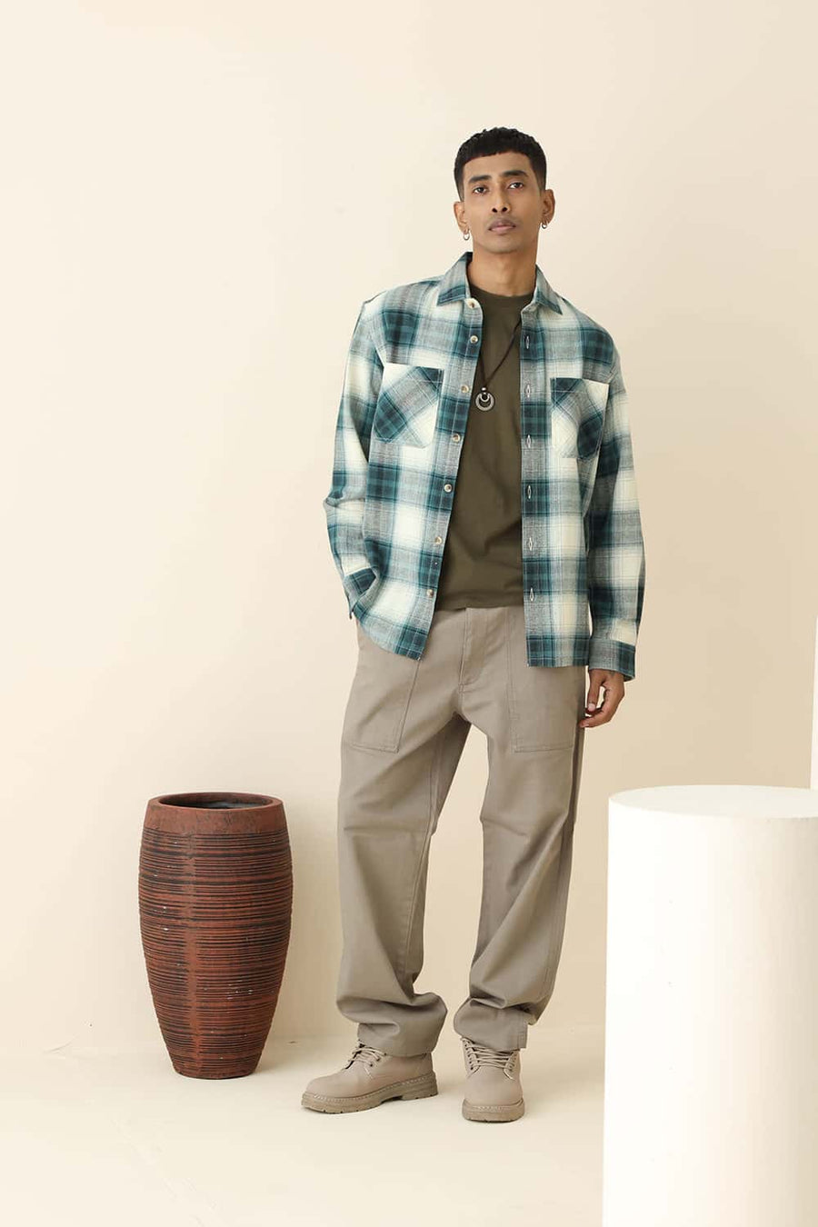 Basics Relaxed Fit Bayou Ecru Cotton Hopsack Dobby Checks Over Shirt