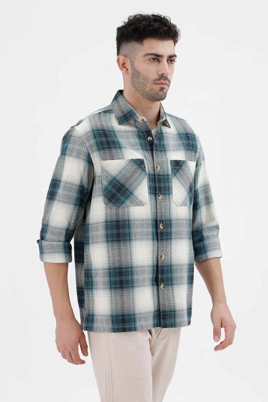 BASICS RELAXED FIT BAYOU ECRU COTTON HOPSACK DOBBY CHECKS OVER SHIRT