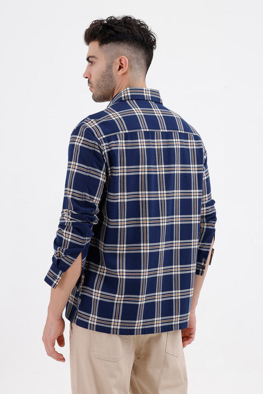 BASICS RELAXED FIT INSIGNIA NAVY COTTON DOBBY CHECKS OVER SHIRT