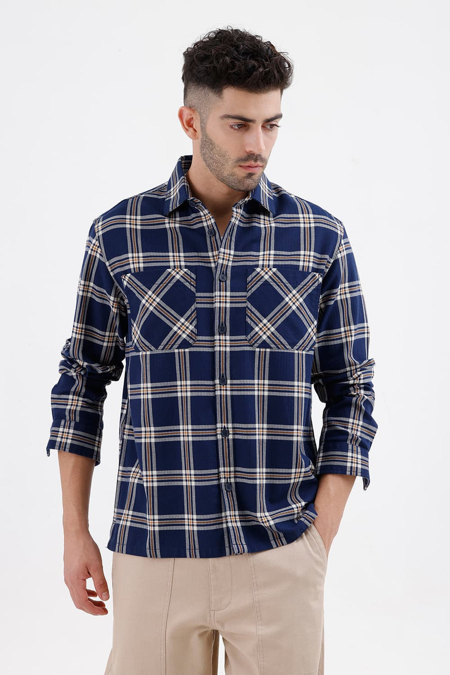 BASICS RELAXED FIT INSIGNIA NAVY COTTON DOBBY CHECKS OVER SHIRT