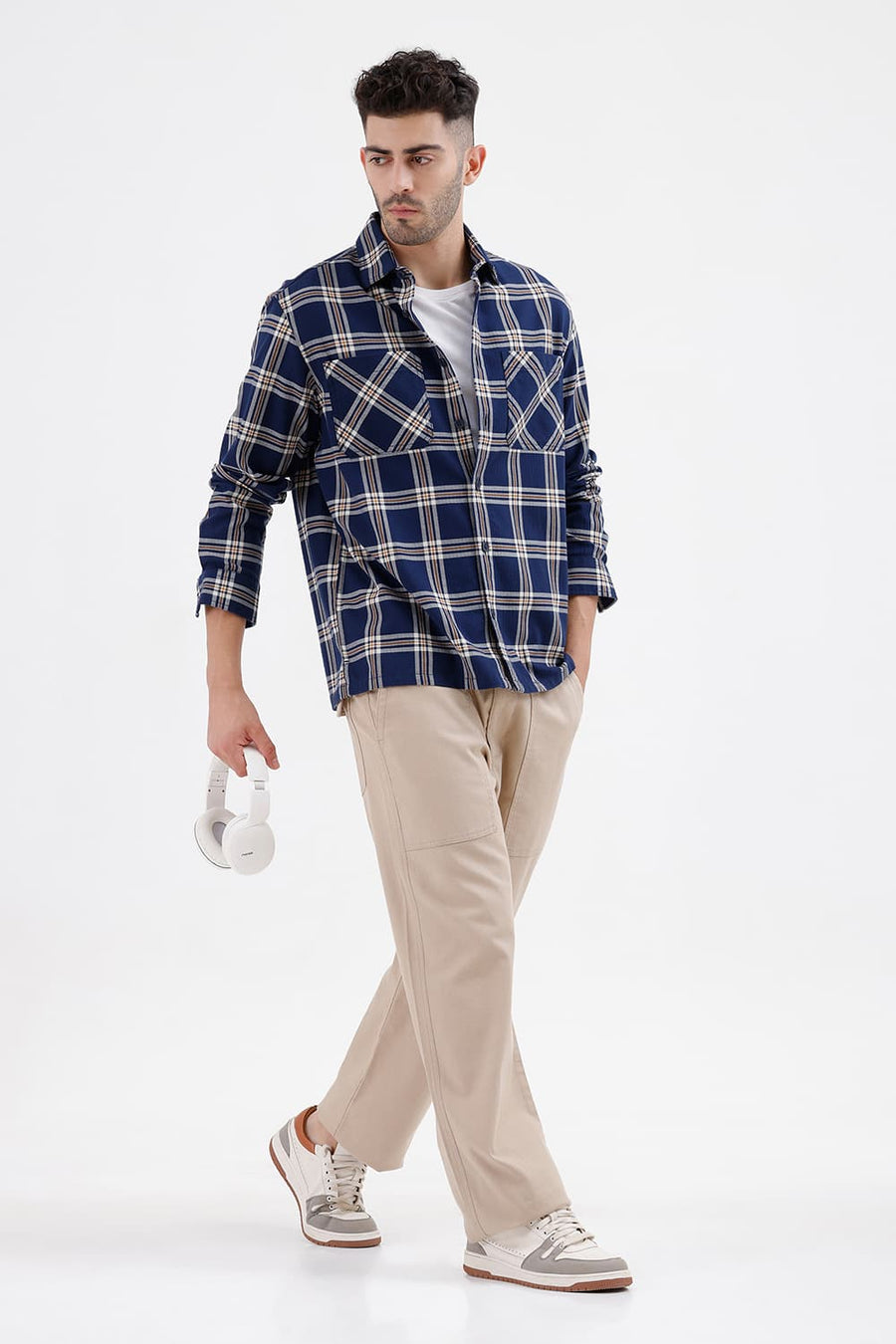 BASICS RELAXED FIT INSIGNIA NAVY COTTON DOBBY CHECKS OVER SHIRT