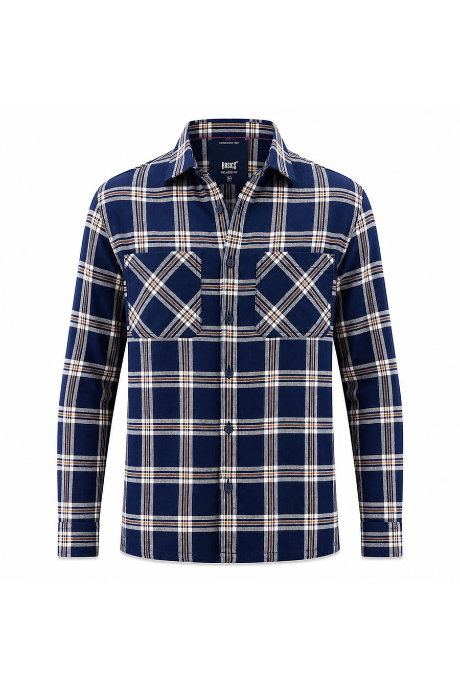 BASICS RELAXED FIT INSIGNIA NAVY COTTON DOBBY CHECKS OVER SHIRT