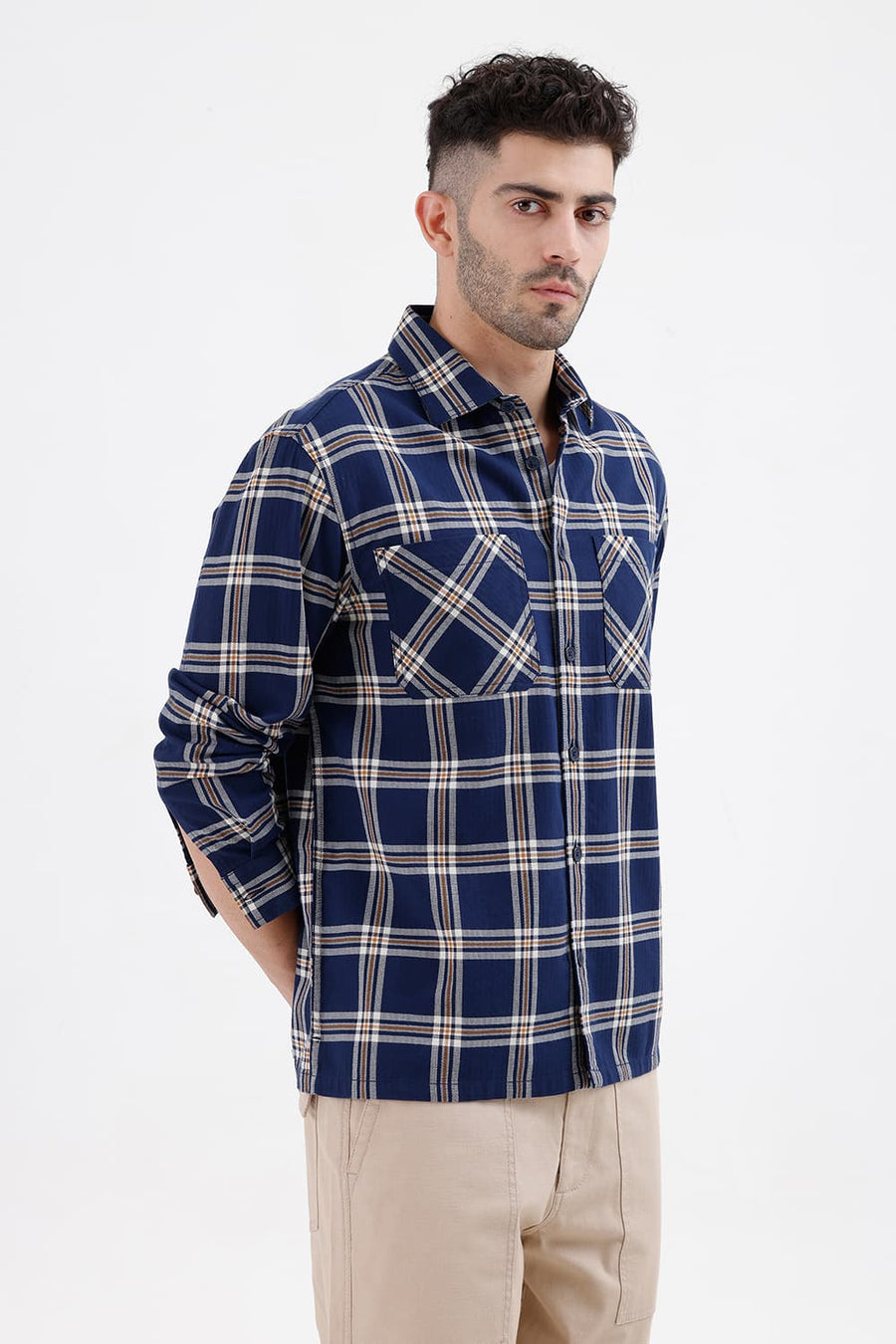 BASICS RELAXED FIT INSIGNIA NAVY COTTON DOBBY CHECKS OVER SHIRT